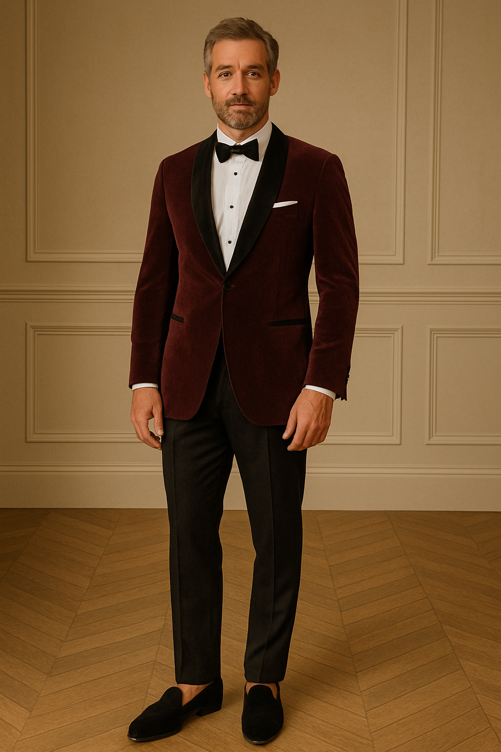 A man in a tuxedo with a white shirt, black bow tie, and burgundy velvet blazer standing against a beige paneled wall.
