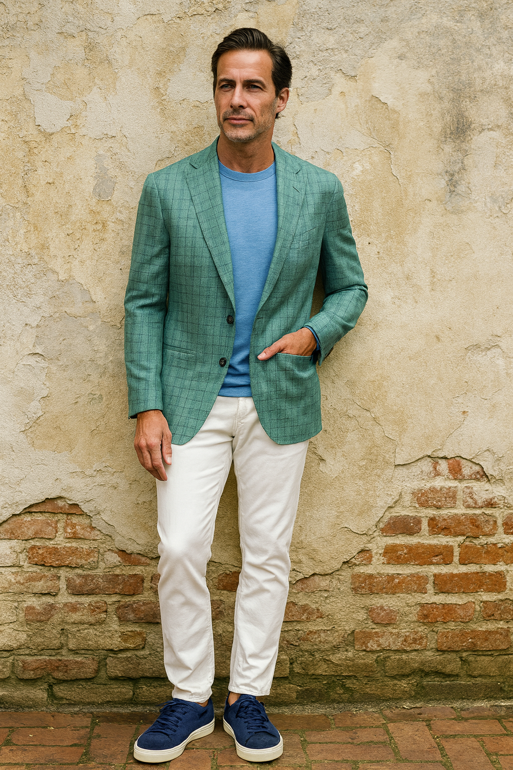 A middle-aged man standing against a weathered, beige wall with exposed brick at the bottom. He is wearing a green checkered blazer, a blue t-shirt, white pants, and blue sneakers. He has dark hair and is looking slightly to the side with one hand in his pocket.