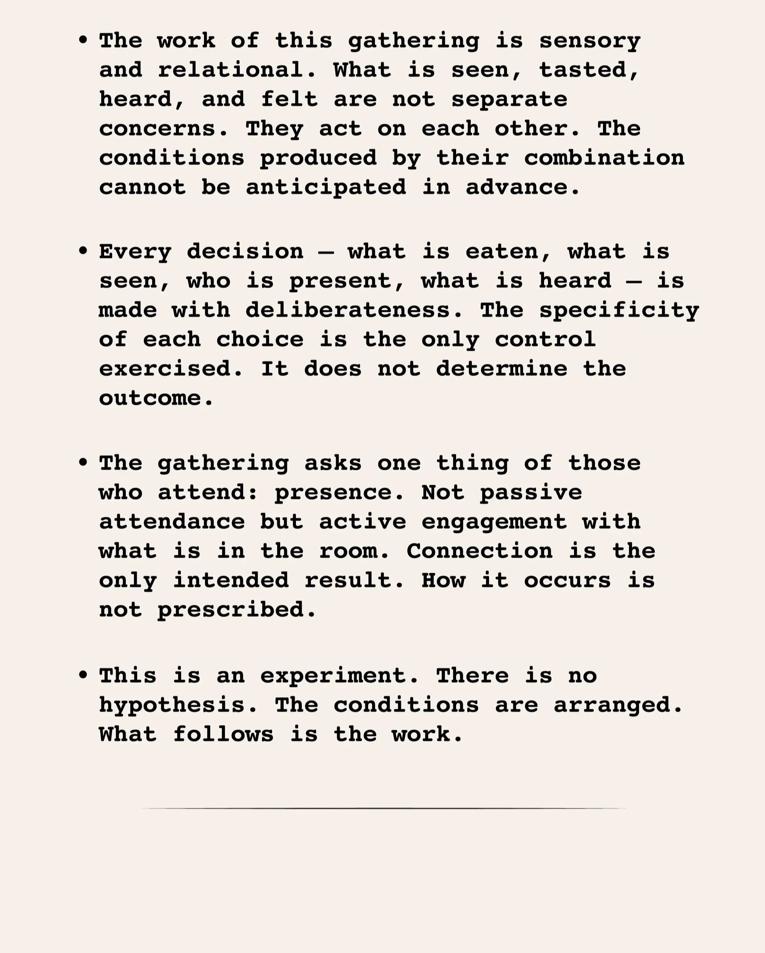Page of text discussing the sensory and relational nature of gathering, decision-making, and the work involved in an experiment, with phrases emphasizing the importance of presence and active engagement.