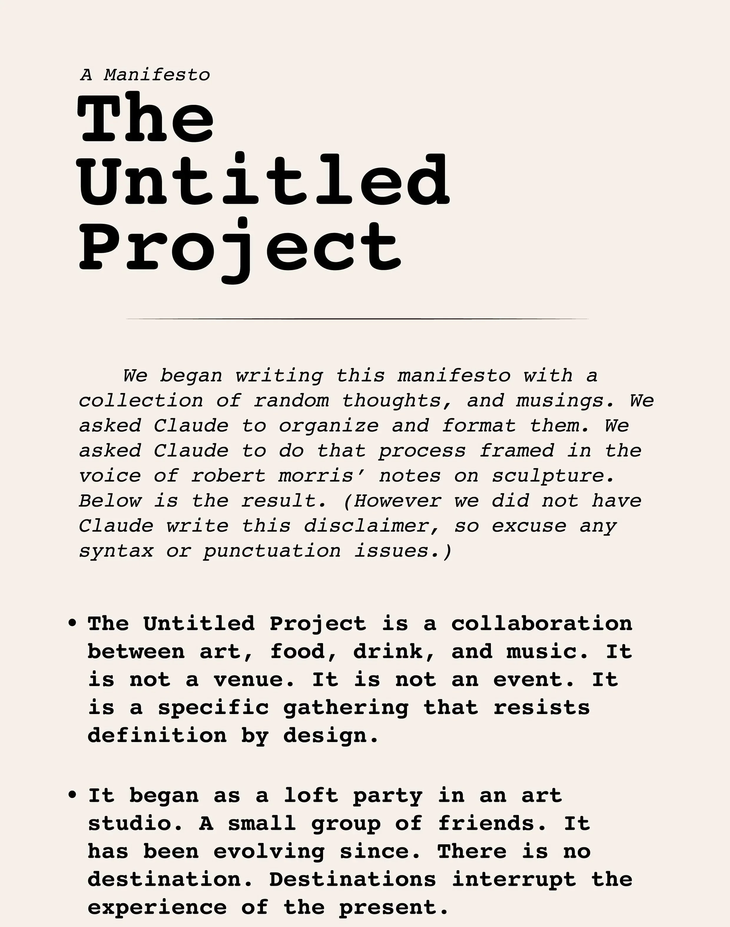 Page from a document titled "A Manifesto: The Untitled Project" with text explaining the project's concept as a collaboration between art, food, drink, and music, highlighting that it is not a venue or event but a gathering that resists definitive description.