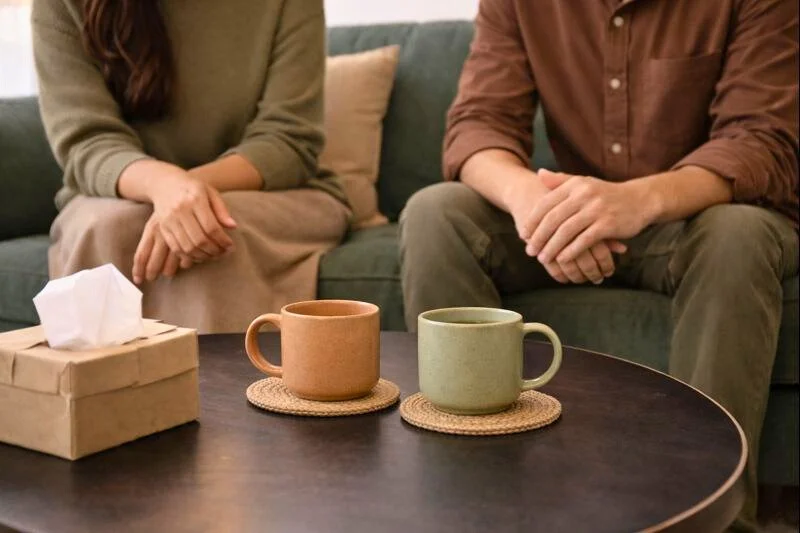Two people sit on a sofa with their hands clasped in their laps, a tissue box and two coffee mugs on a coffee table in front of them.