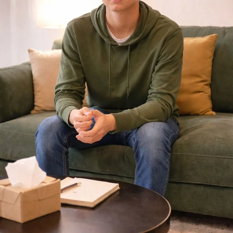 Man sitting on a dark green couch with tan and peach pillows, wearing an olive green hoodie and blue jeans, with a tissue box, notebook, and pen on a coffee table in front of him.