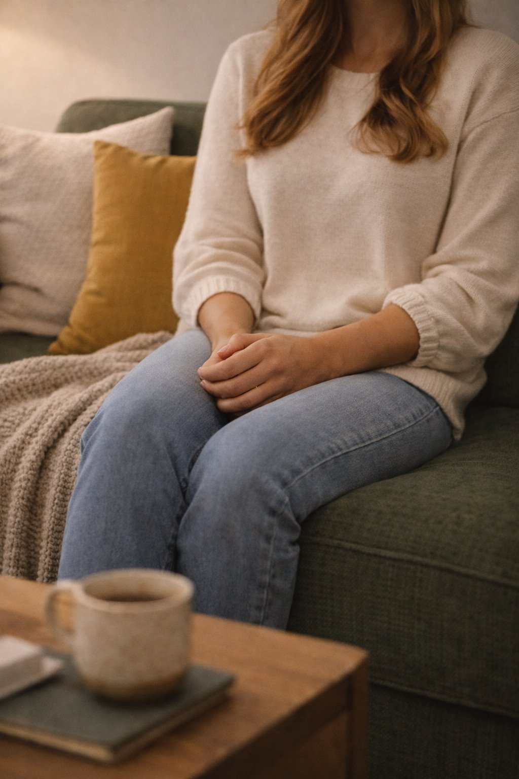 A woman sitting on a green sofa with beige and mustard-colored cushions, wearing a cream sweater and blue jeans, with her hands clasped on her lap. A coffee mug and a book are on a wooden table in front of her.