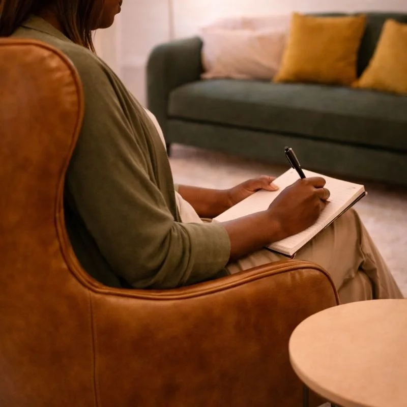 Person sitting in a brown leather armchair, writing in a notebook with a pen, in a cozy living room with a green sofa and yellow pillows in the background.