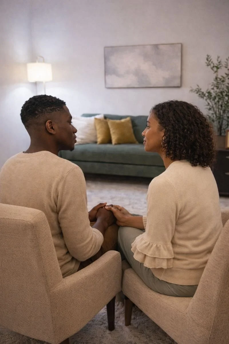 A young man and woman sitting closely and holding hands in a cozy living room, gazing into each other's eyes.