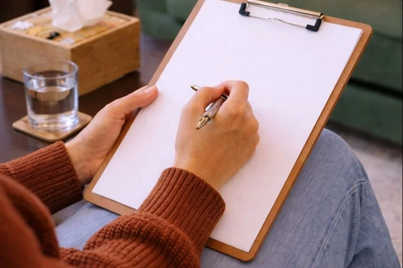 Person in a brown sweater sitting on a couch, holding a clipboard with blank paper and a gold pen, with a glass of water on a coaster and a tissue box on a wooden table nearby.