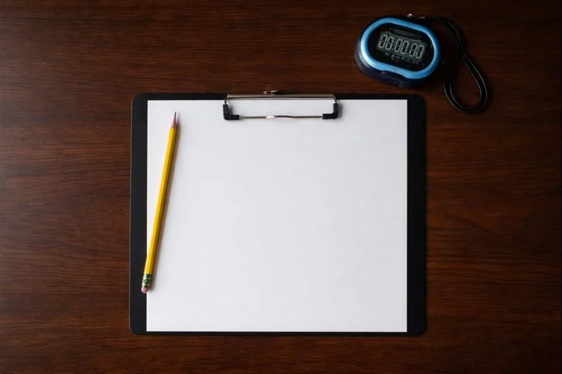 A clipboard with blank white paper and a yellow pencil on a wooden desk, with a blue stopwatch nearby.
