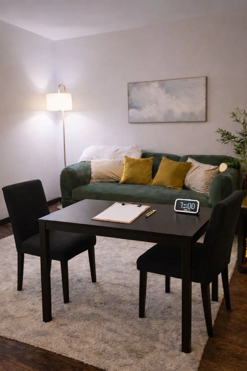 Living room with a black table, two black chairs, a green sofa with yellow and beige cushions, a white lamp, a framed sky painting, a digital clock showing 7:00, and a clipboard with a pen on the table.