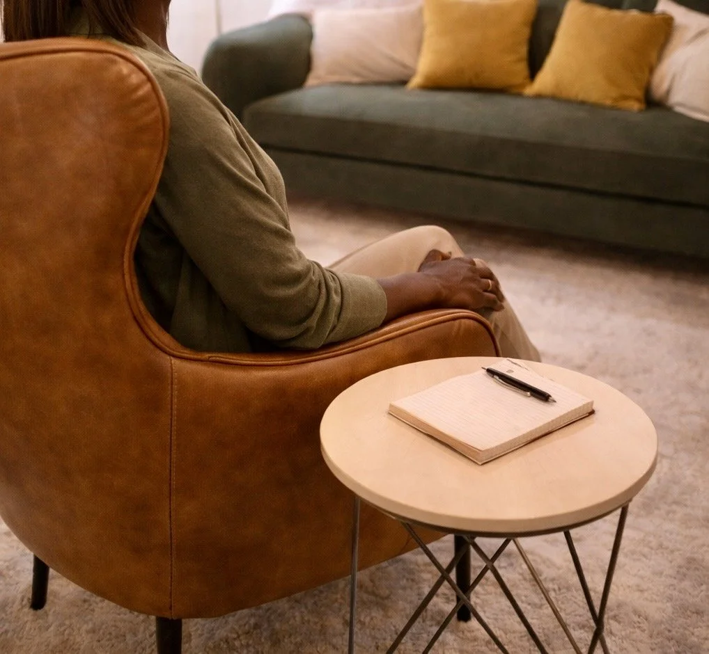 A person sitting on a brown leather armchair with a notepad and pen on a small round wooden side table nearby. A green sofa with yellow pillows is in the background.