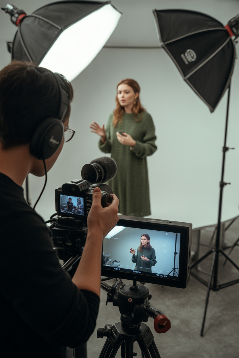 A woman in a green dress giving a presentation or speech in a video recording studio with professional lighting and camera equipment.