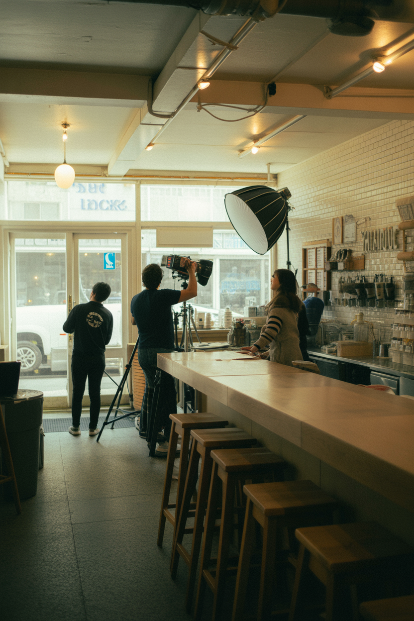A woman performs a interview or filming session in a cafe with a camera crew, near a large window, with a white counter and bar stools in the foreground.