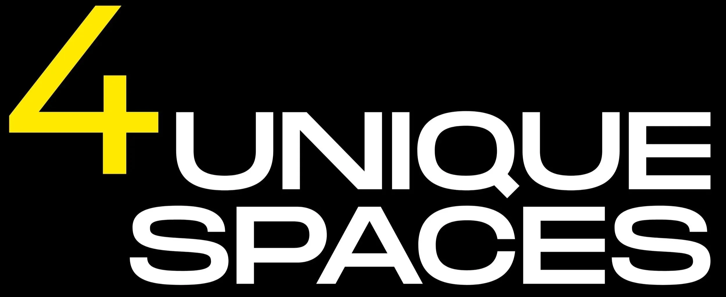 Logo with large yellow number 4 and the words 'UNIQUE SPACES' in white on a black background.