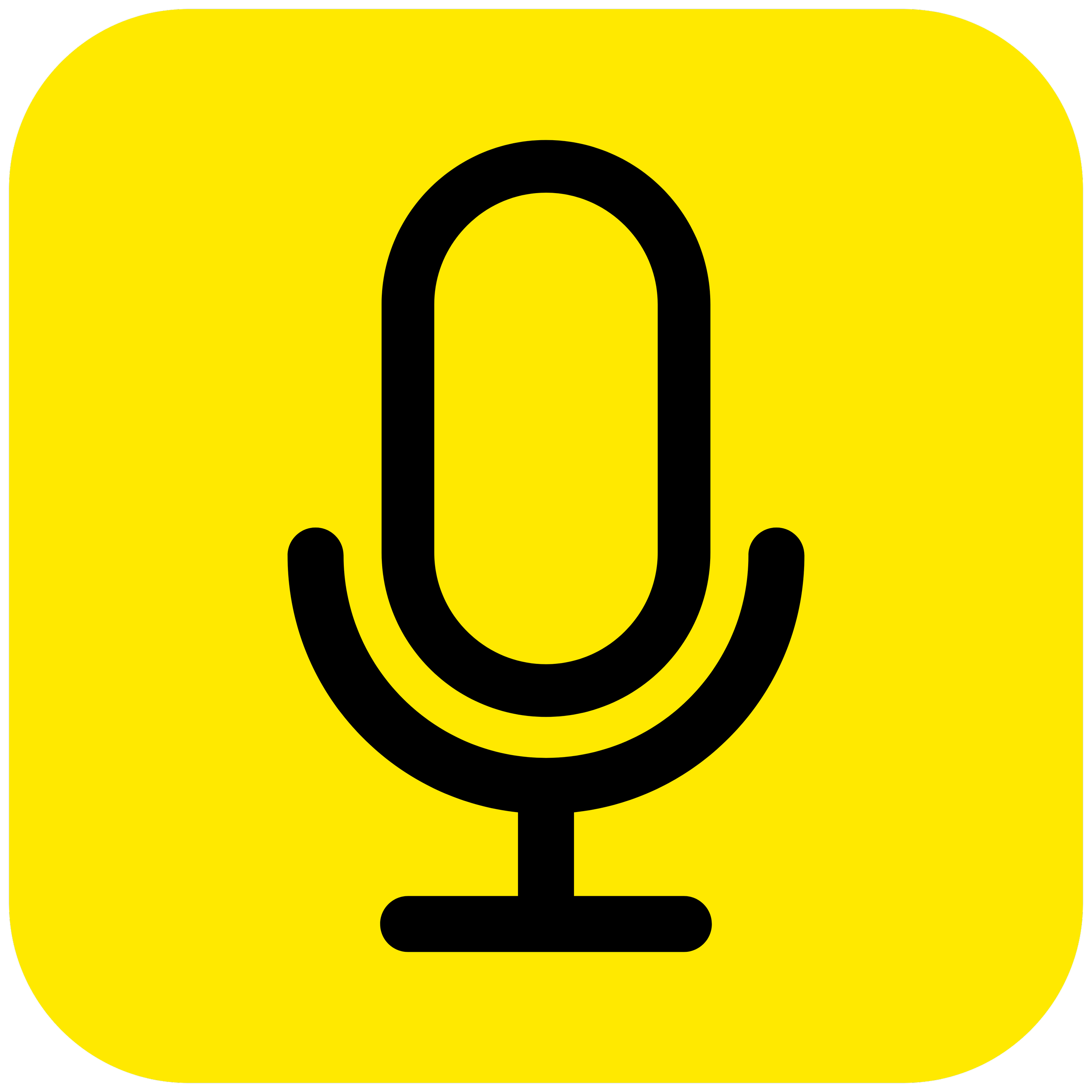 Yellow background with a black outline of a microphone in the center.