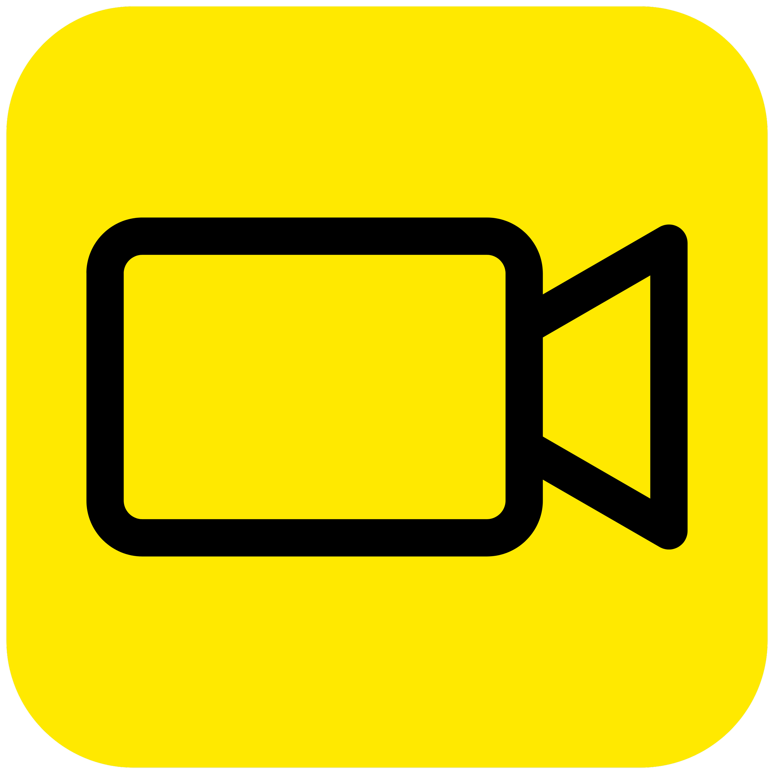 Yellow background with a black border and a black video camera icon in the center.