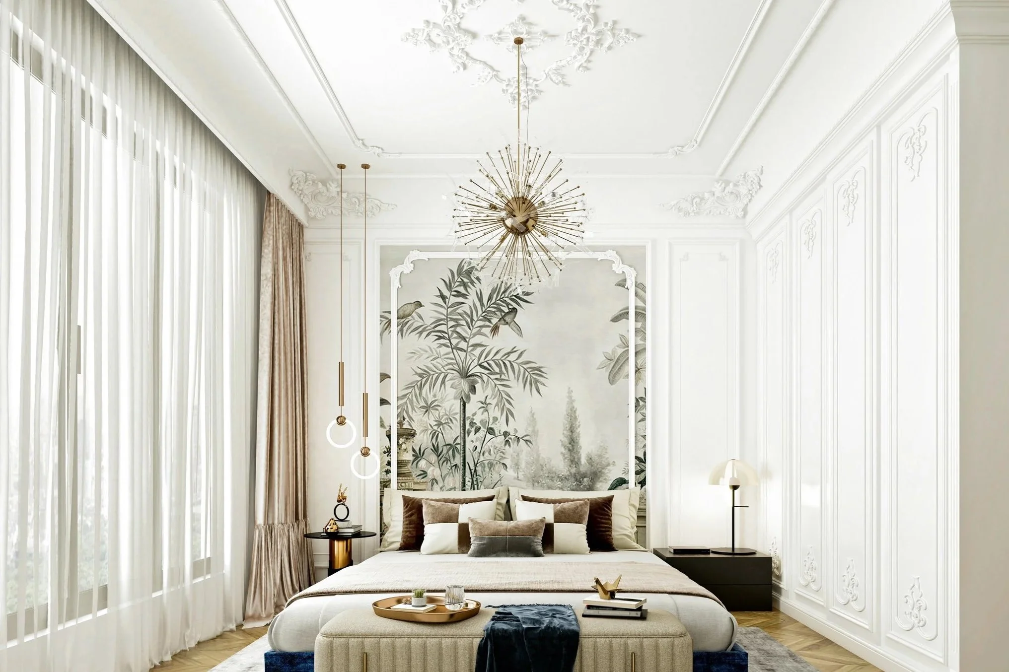 Elegant bedroom with white walls, intricate moldings, a large painting of tropical foliage, a bed with multiple pillows, a beige bench at the foot of the bed with a tray, and modern hanging light fixtures.
