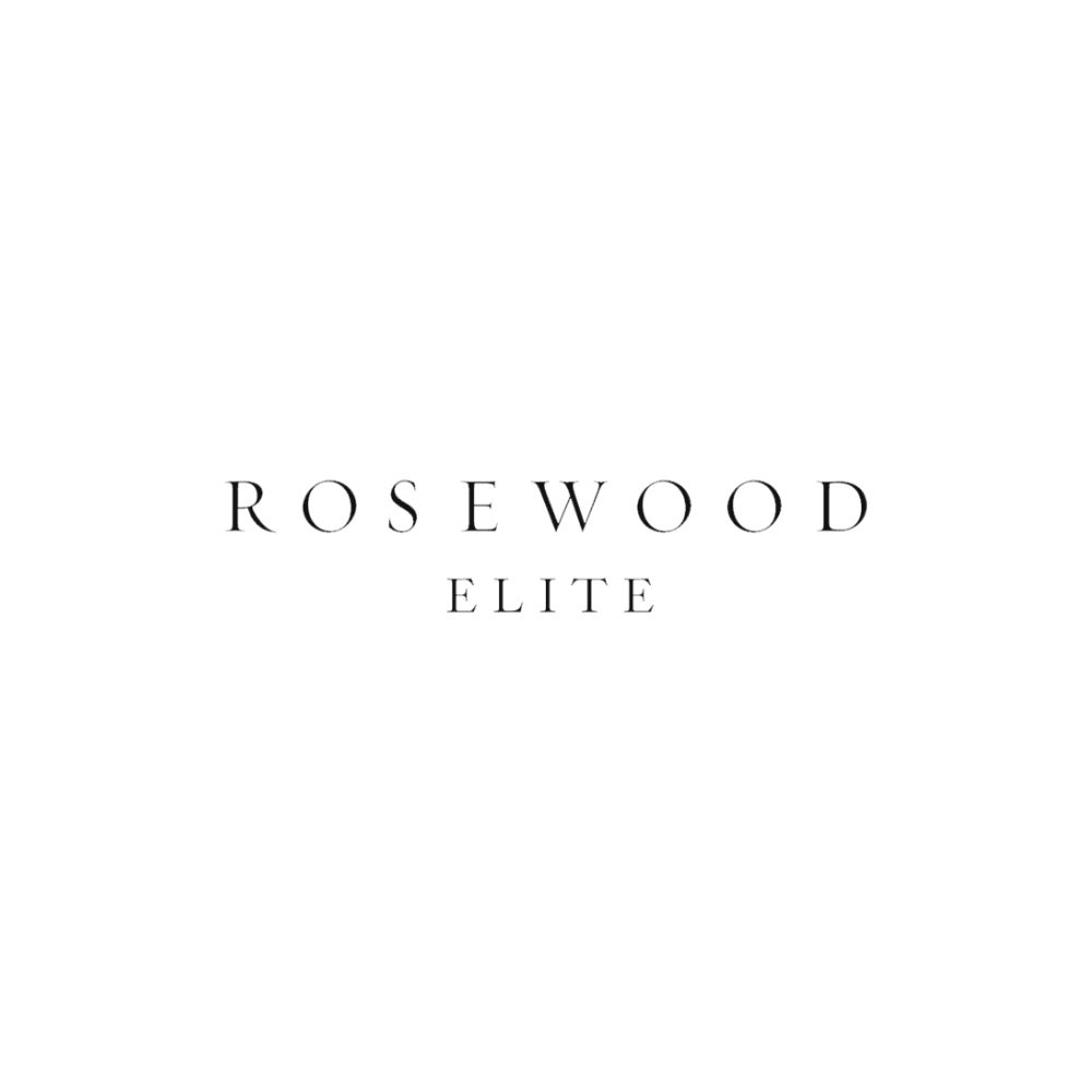 Black logo with a stylized house and trees above the text 'ROSEWOOD ELITE'