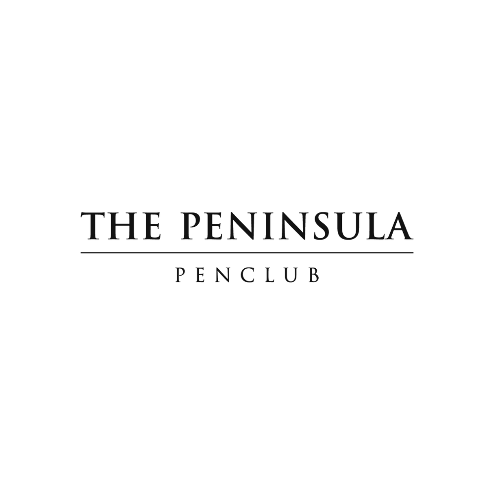 Black logo for The Peninsula Penclub with stylized bird holding a pencil in its beak.