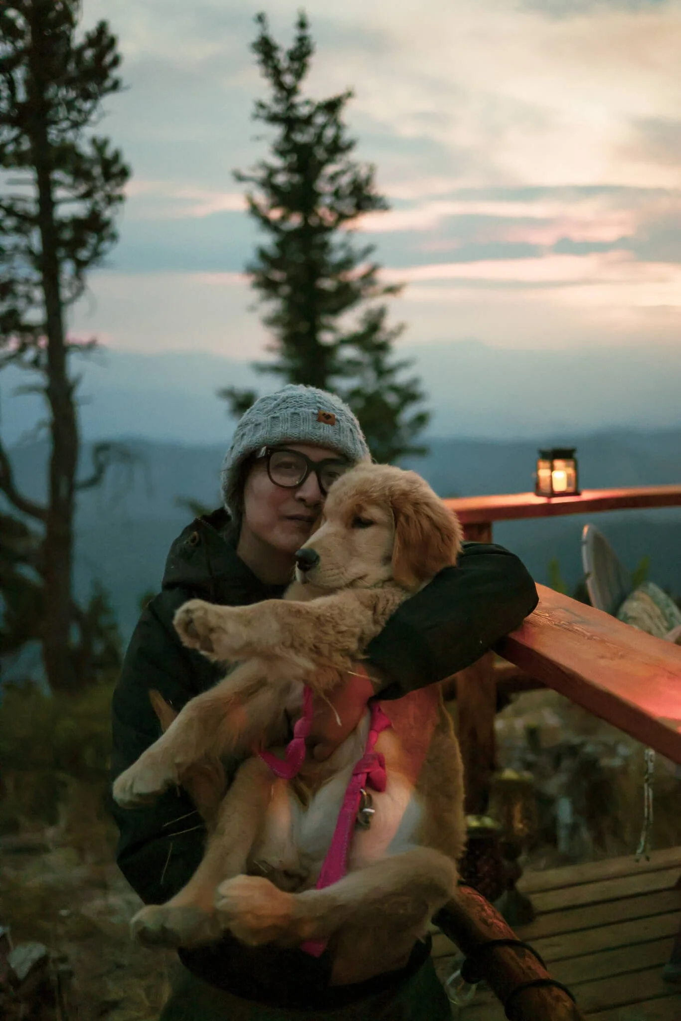 Person holding a golden retriever puppy on a wooden deck at sunset in a forested area.