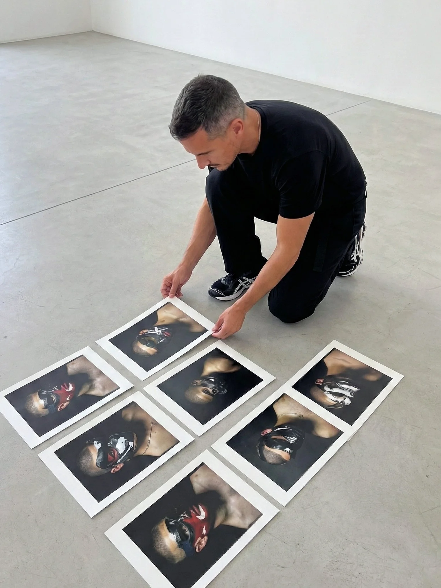 A man wearing black clothing and sneakers is kneeling on the floor, arranging large photographs of a person with clown makeup on the ground.