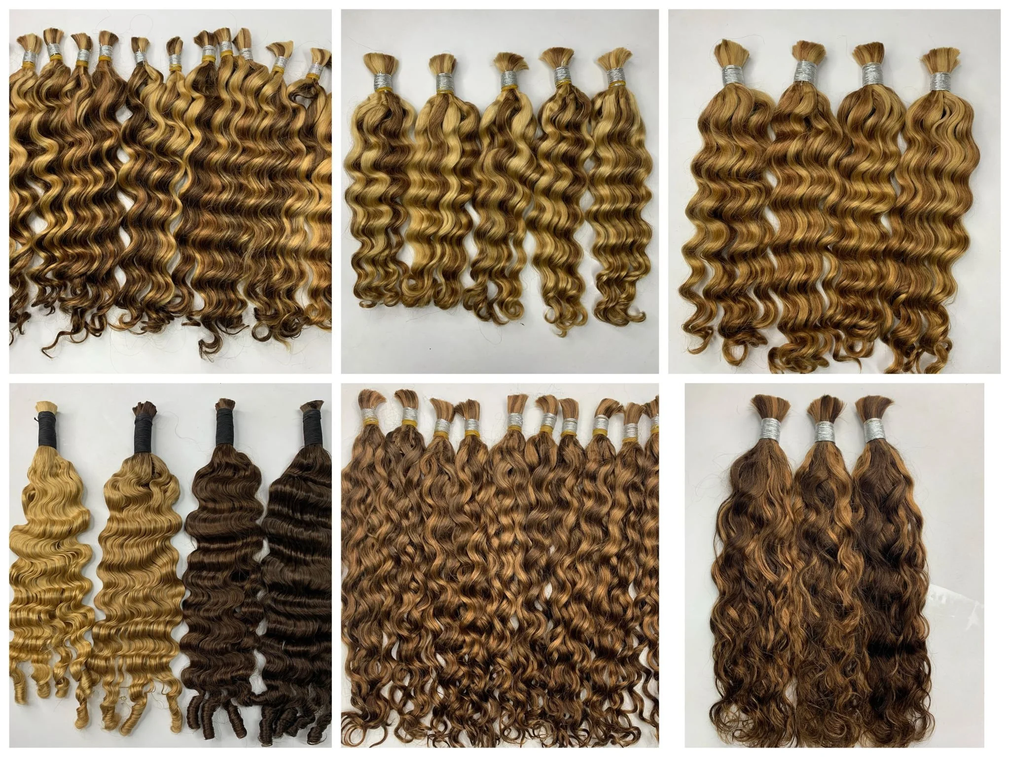 Collection of various hair extensions in different shades of blonde, brown, and caramel, with different curl patterns, arranged in rows on a white surface.