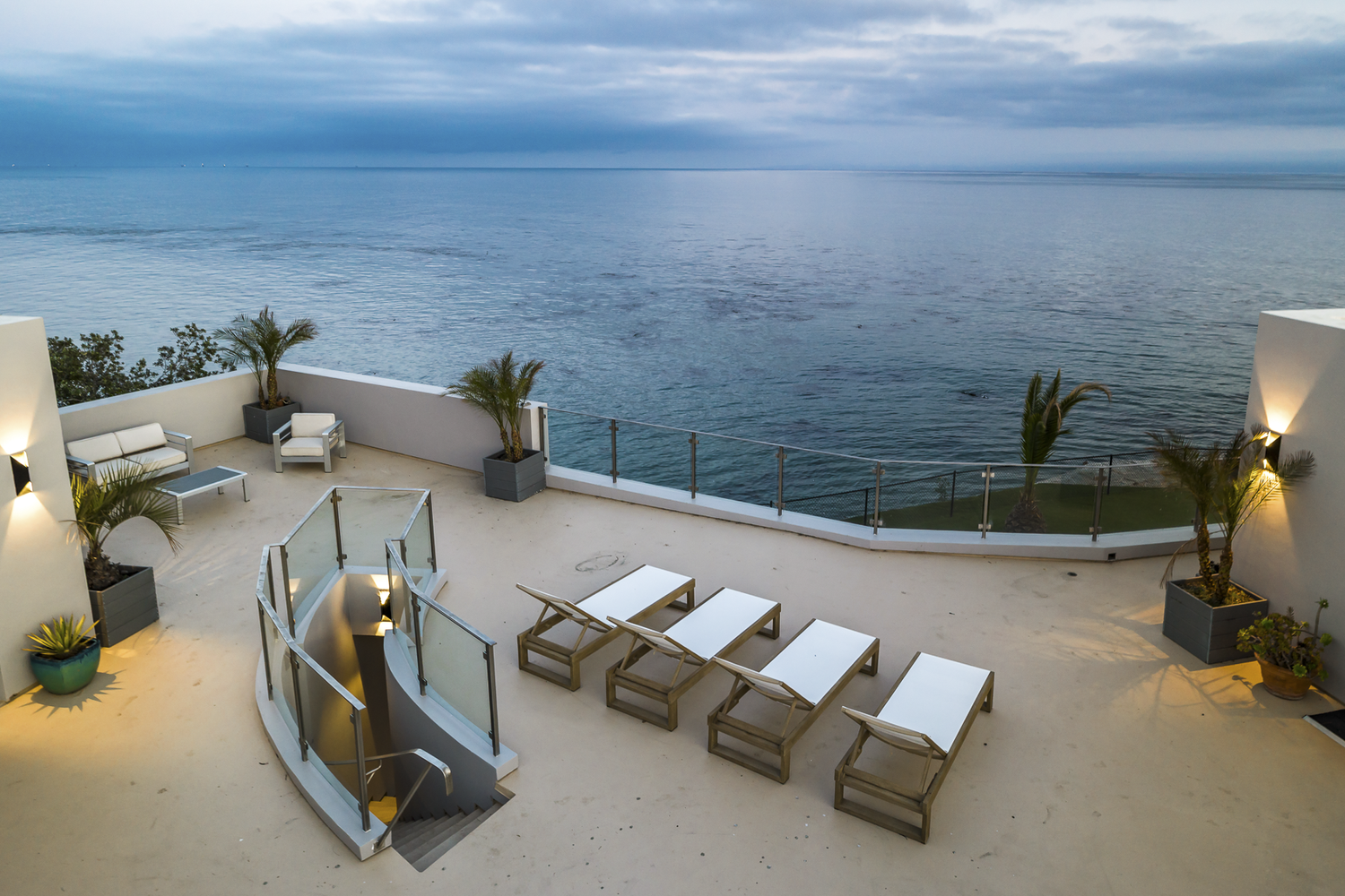 Pacific views from the main ocean-facing terrace at Shoreline House