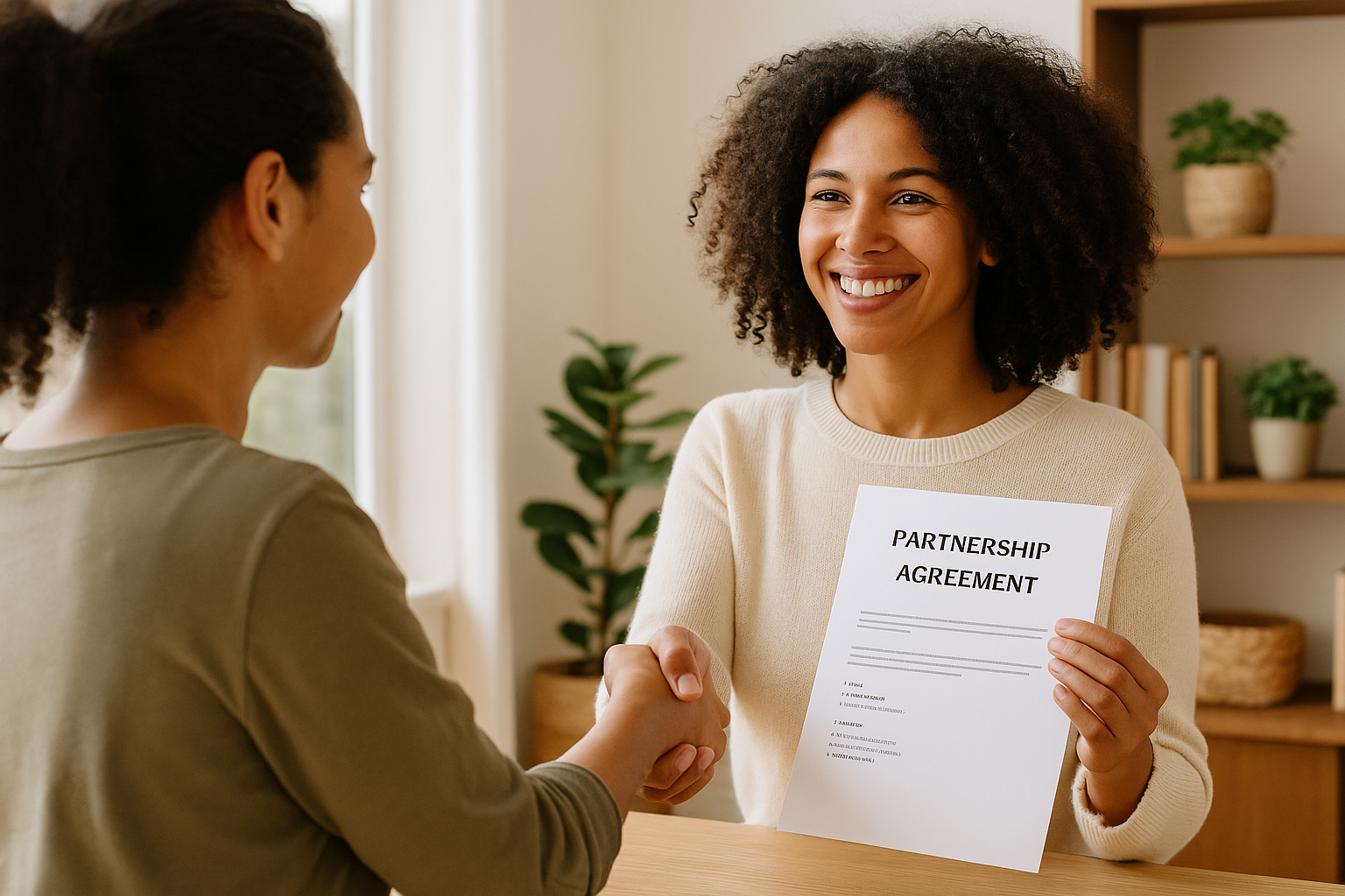 Woman smiling and holding a partnership agreement paper while shaking hands with another woman in a cozy room with plants and bookshelves.