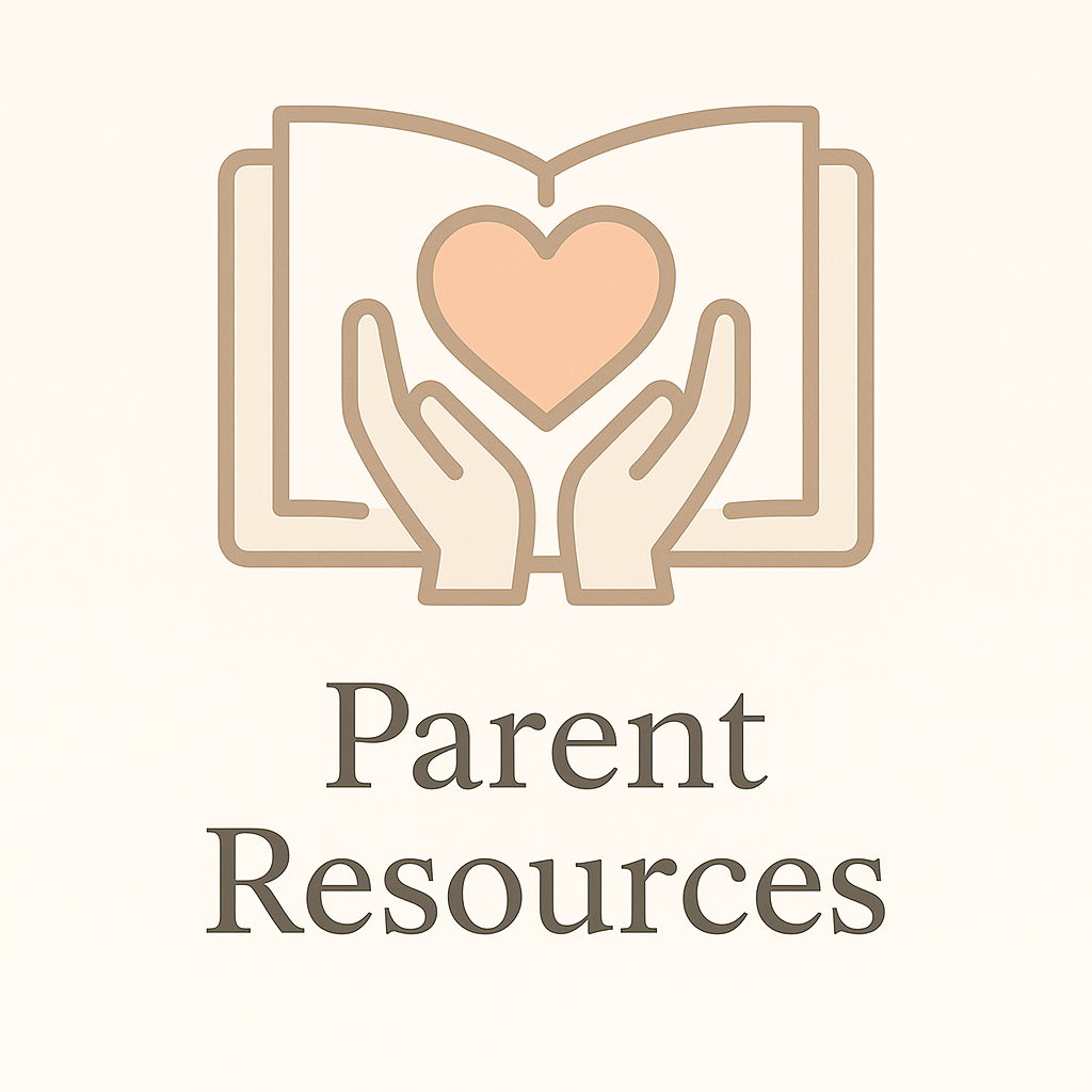 Icon of an open book with two hands holding a heart in the center, symbolizing caring or support. Below the icon, the text reads "Parent Resources."