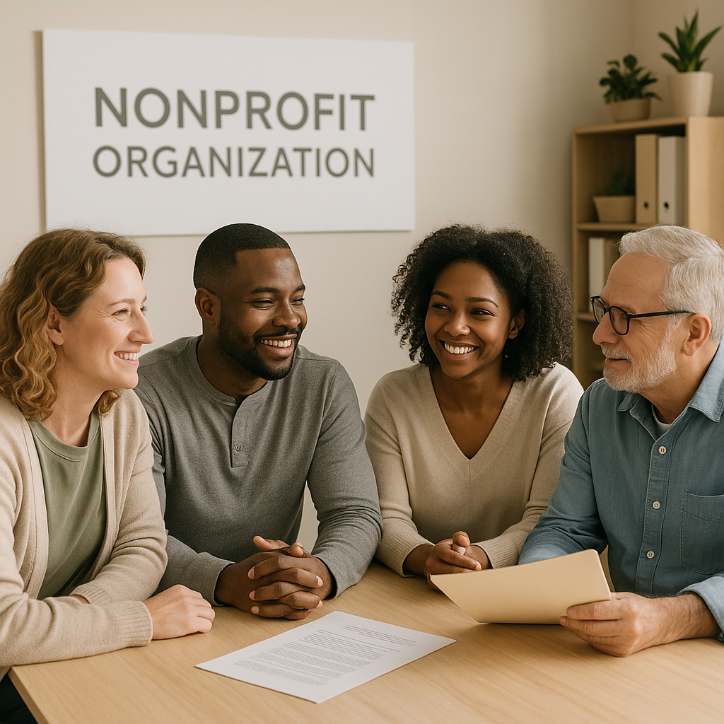 Four diverse people smiling and talking in a nonprofit organization meeting room.