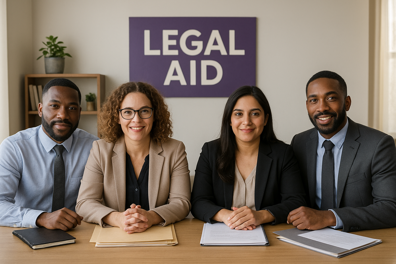 Four diverse professionals sitting at a table in a room with a purple sign that reads 'LEGAL AID' on the wall behind them, smiling and looking at the camera.