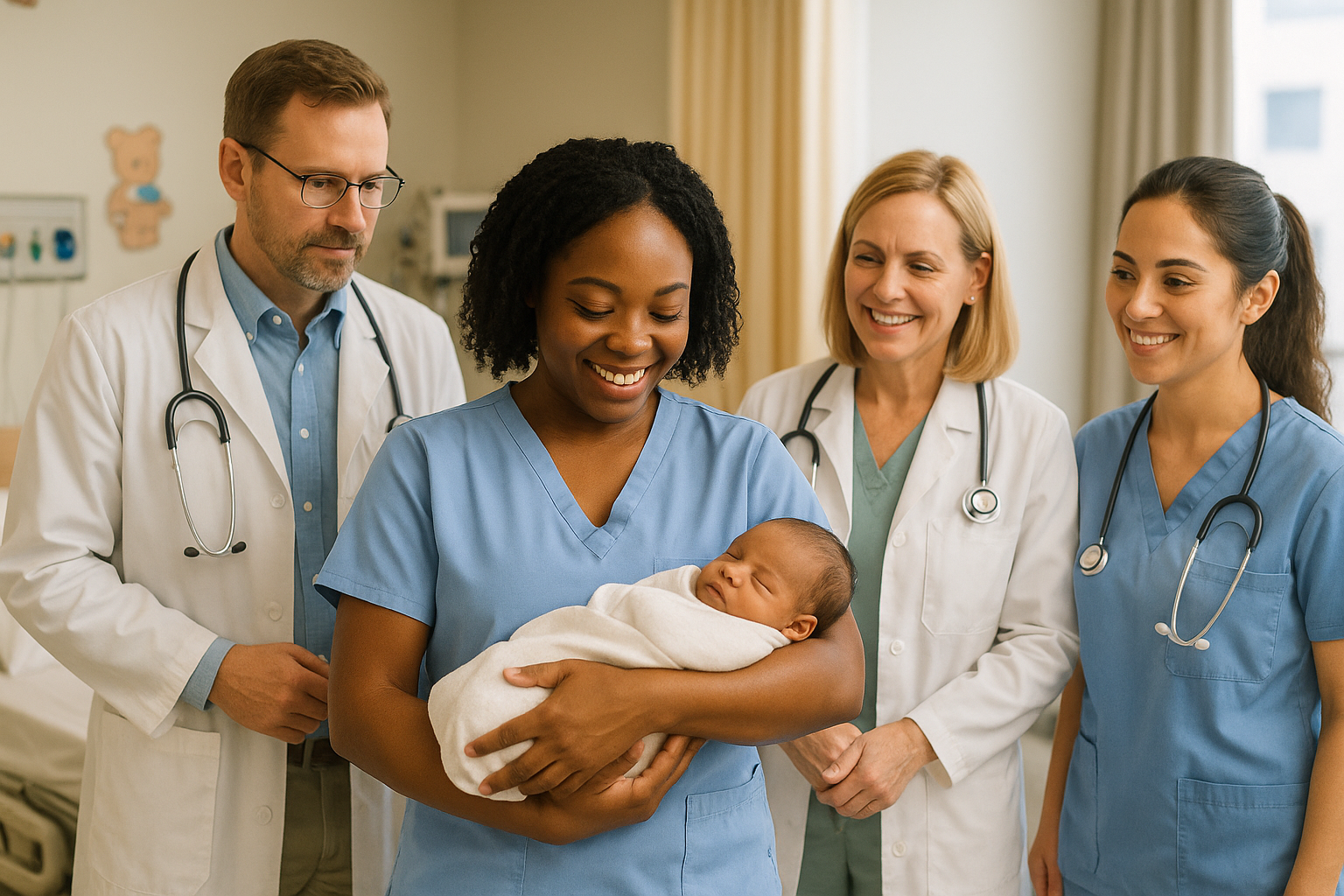 Medical team of four healthcare professionals, including two women and two men, holding a newborn baby in a hospital room.