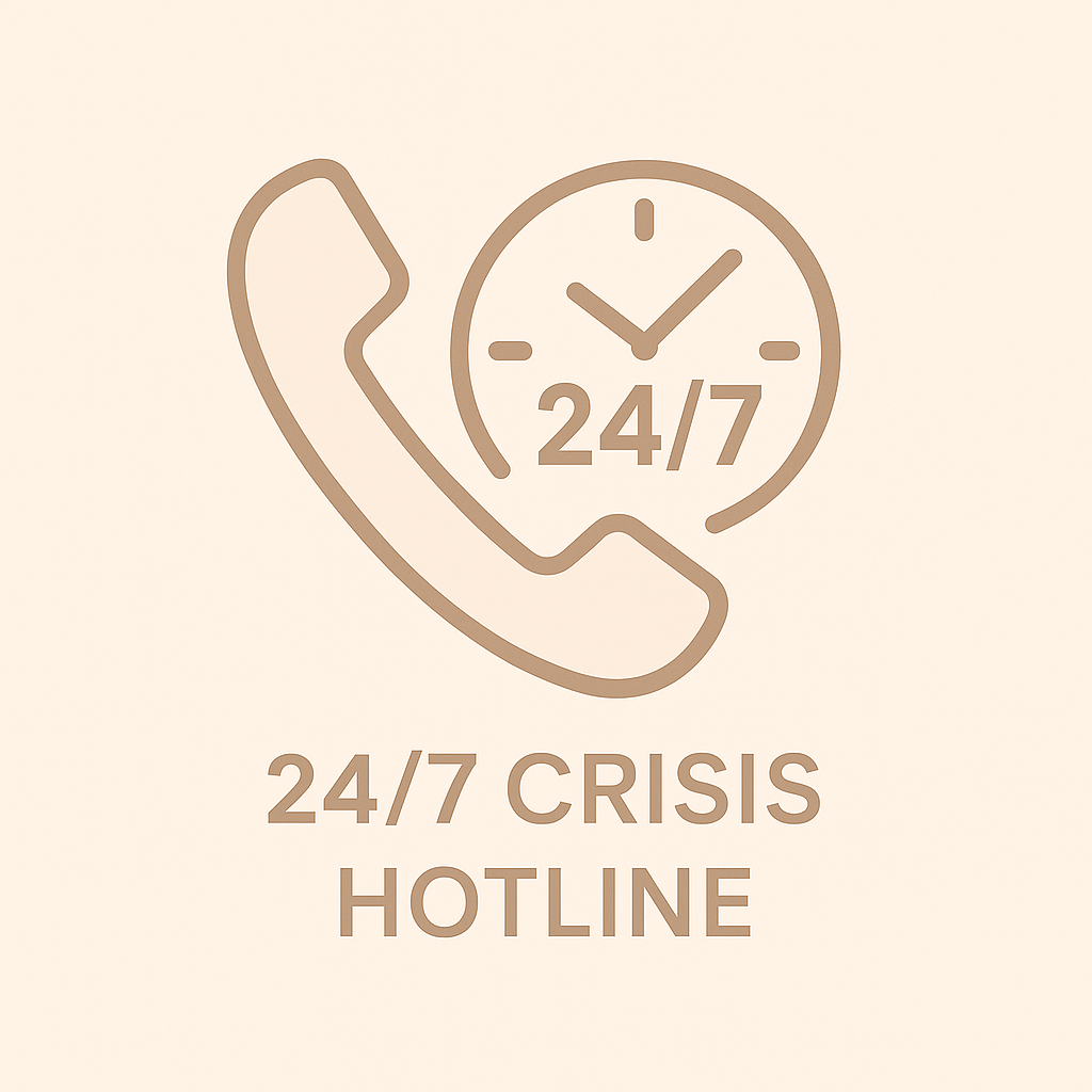 Icon of a phone handset with a clock and 24/7 text, and text that reads '24/7 Crisis Hotline'.