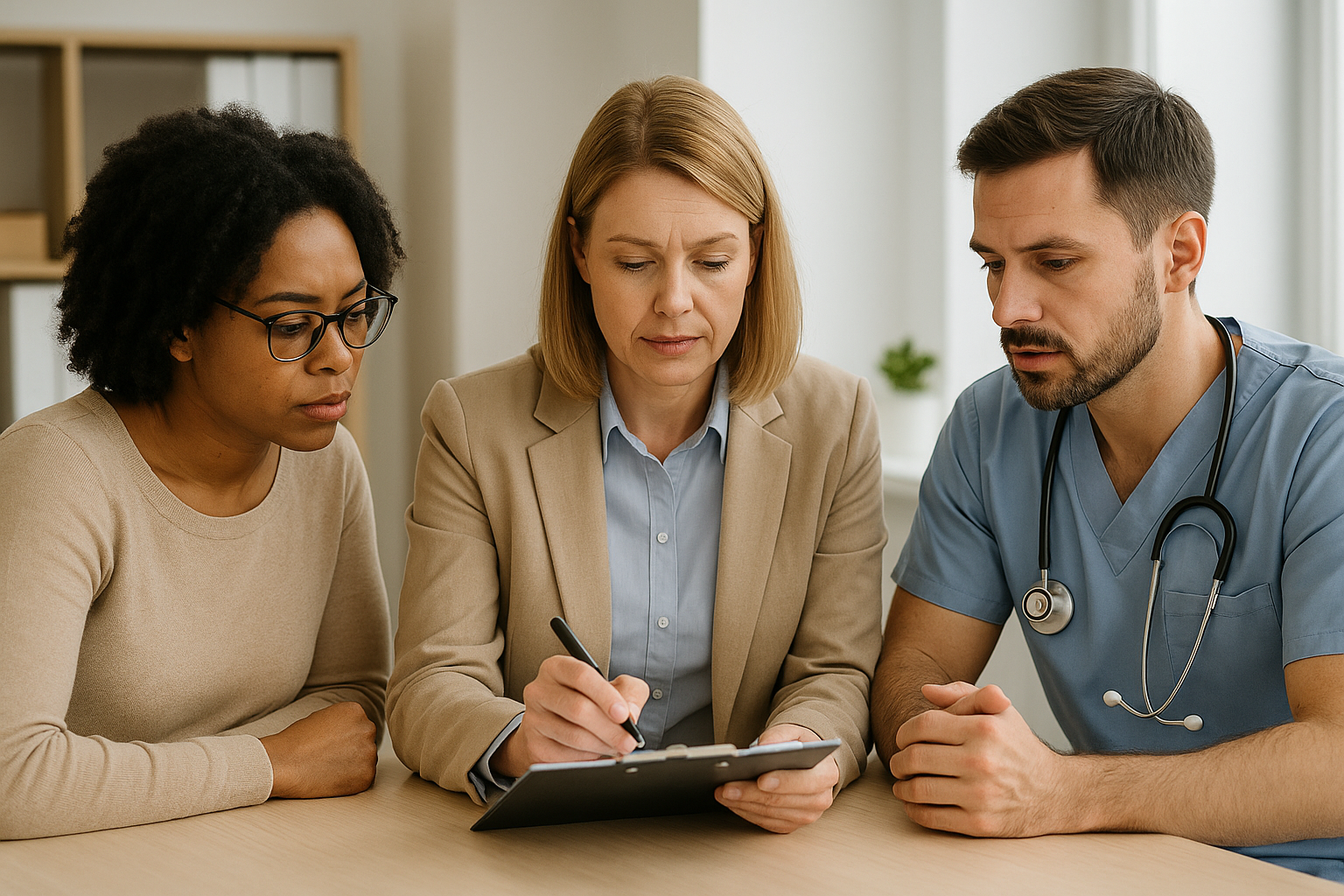 A female doctor in scrubs and two women in business attire looking at a clipboard during a medical consultation.