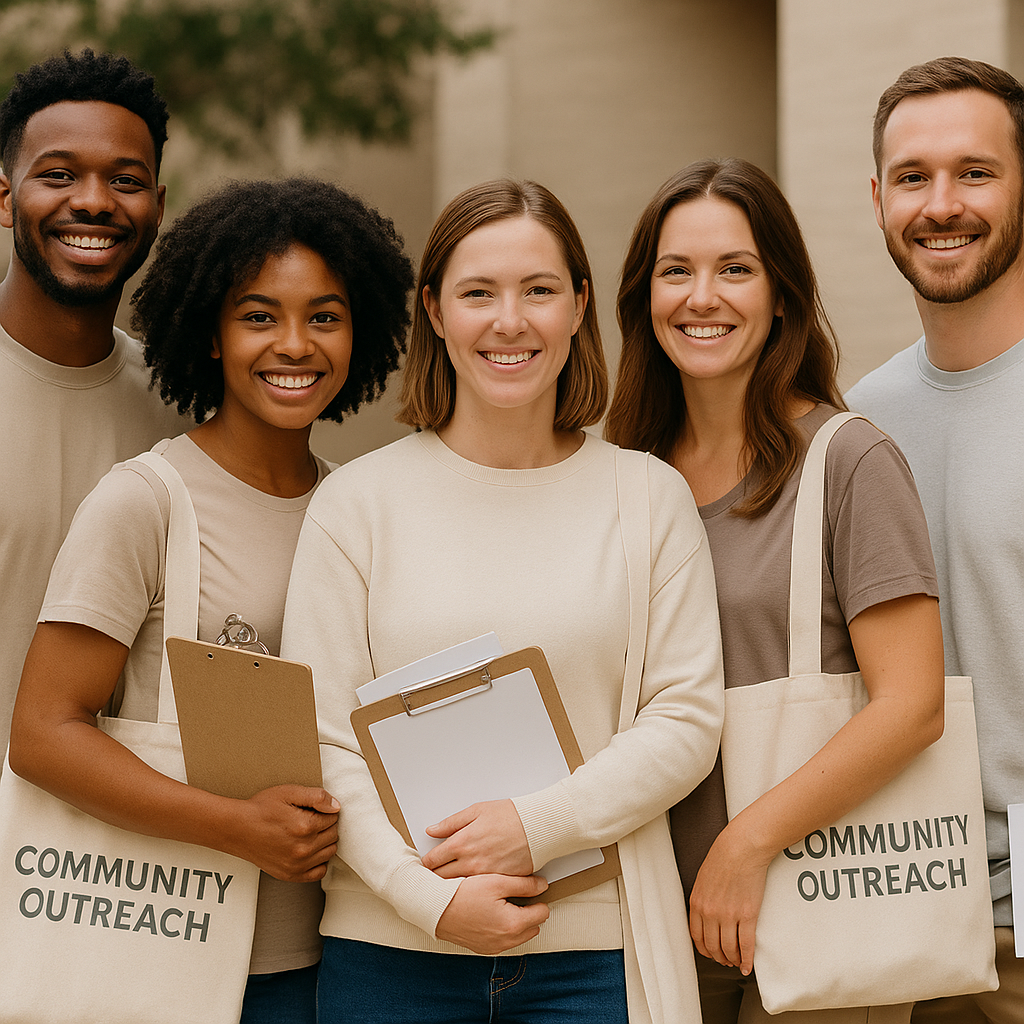 Group of five smiling diverse people holding clipboards and tote bags that read "Community Outreach" outside a building with trees in the background.