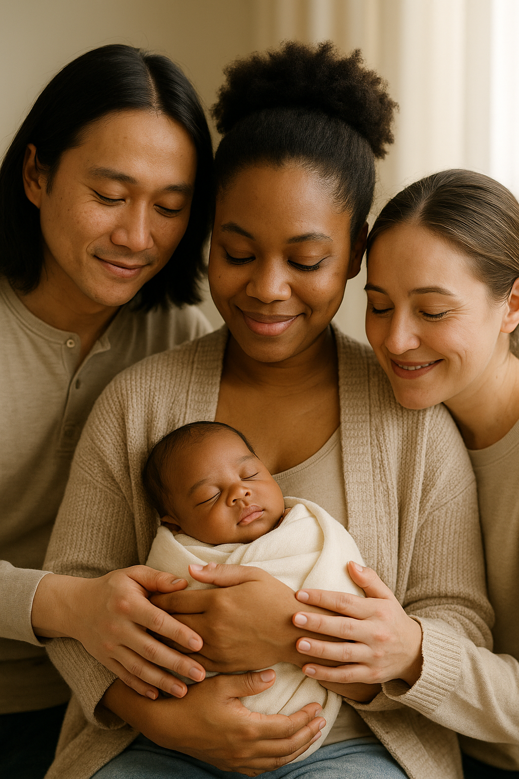 Three adults of different ethnicities and a sleeping baby wrapped in a blanket, all smiling and gazing at the baby, indoors with neutral background.