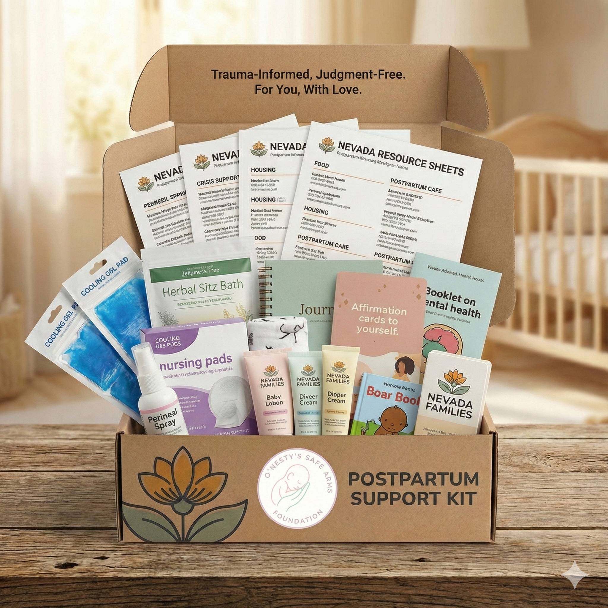 Postpartum support kit with informational sheets, herbal sitz bath, nursing pads, perineal spray, D verte cream, affirmation cards, boar/bull plush toy, and other wellness products in a cardboard box.