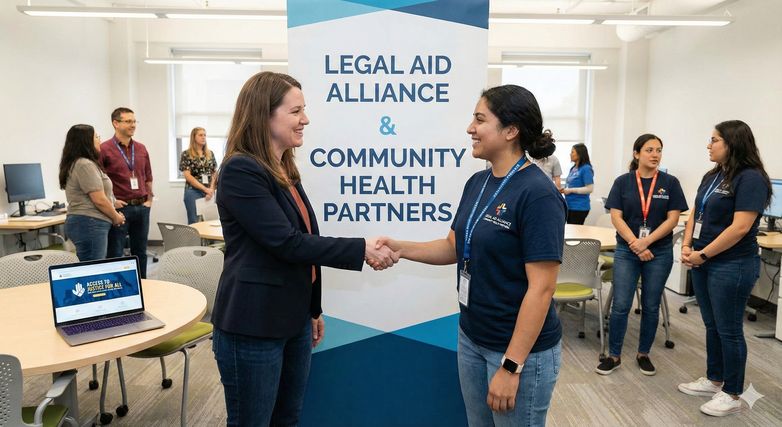 Two women shaking hands in front of a banner that reads 'Legal Aid Alliance & Community Health Partners' in an office setting with other people in the background.