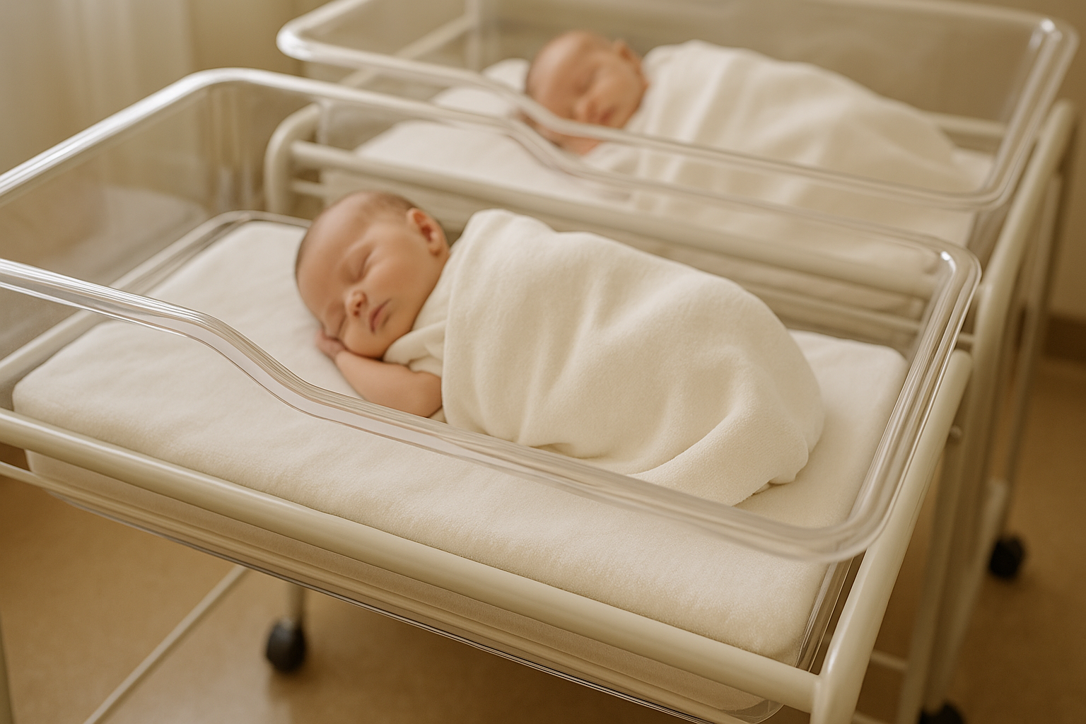 Two sleeping infants in clear plastic hospital cribs with white bedding, one in the foreground and the other in the background.