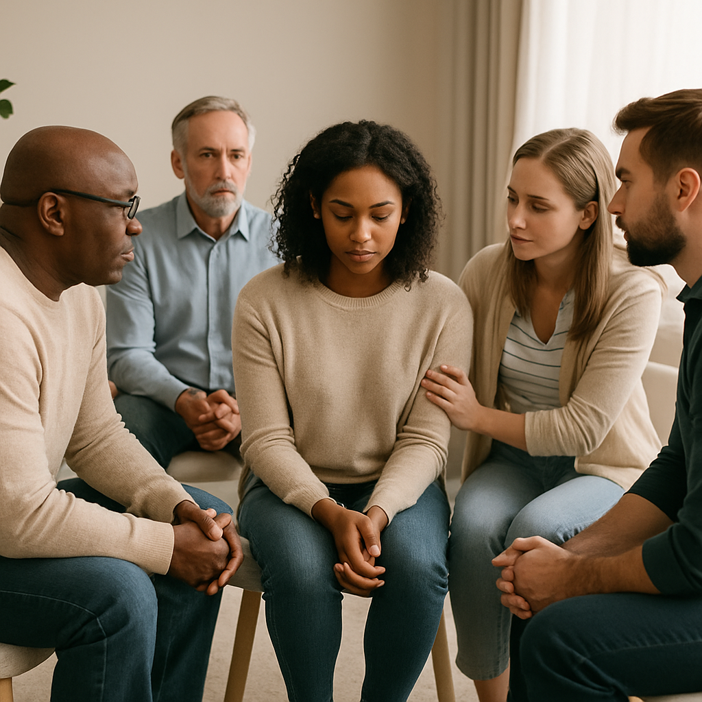 A diverse group of five people, including two men and three women, are sitting in a circle indoors, with serious and empathetic expressions, engaging in a support or therapy session.