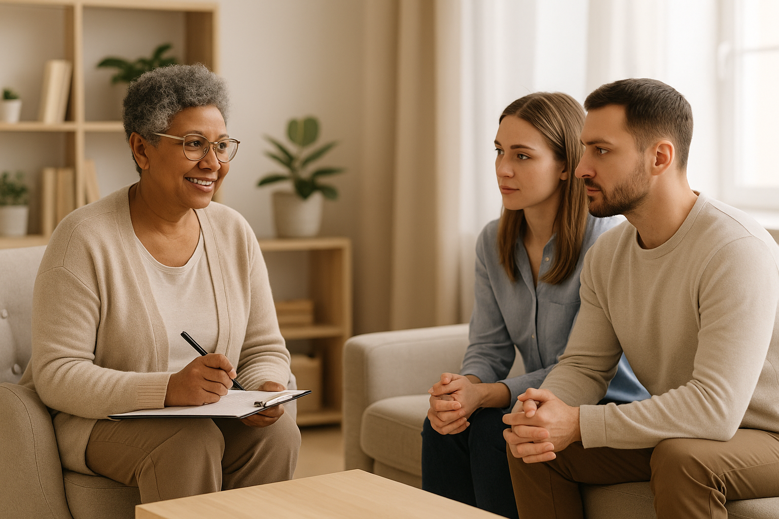 A therapist smiling and taking notes while talking to a young woman and a young man during a therapy session in a well-lit living room.