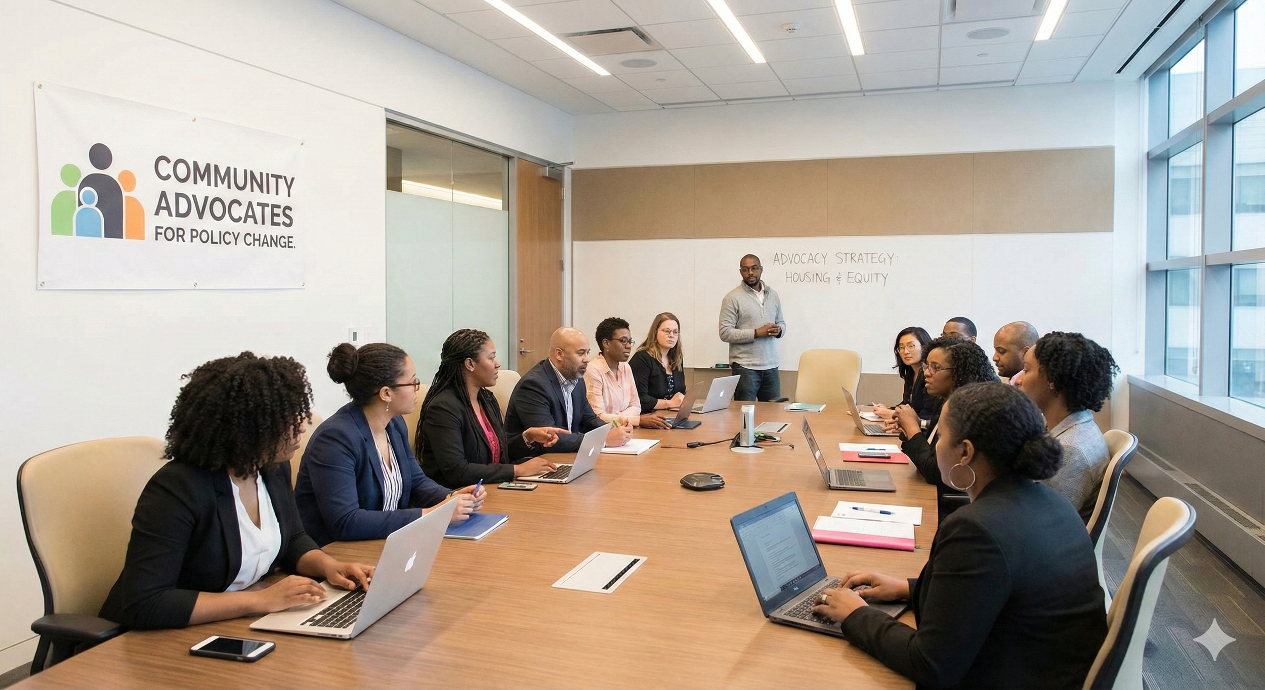 A diverse group of people sitting around a conference table in a modern meeting room, with a person standing and presenting at the front. The room has large windows, and a whiteboard with writing about housing and equity.