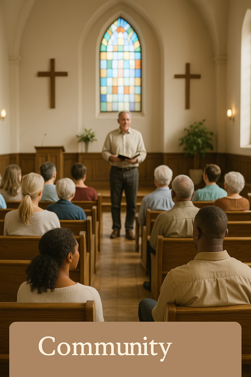 A diverse group of people sitting in pews inside a church with stained glass window, listening to a man speaking at the front. The church has wooden paneling, two crosses on the wall, and plants on either side of the speaker.