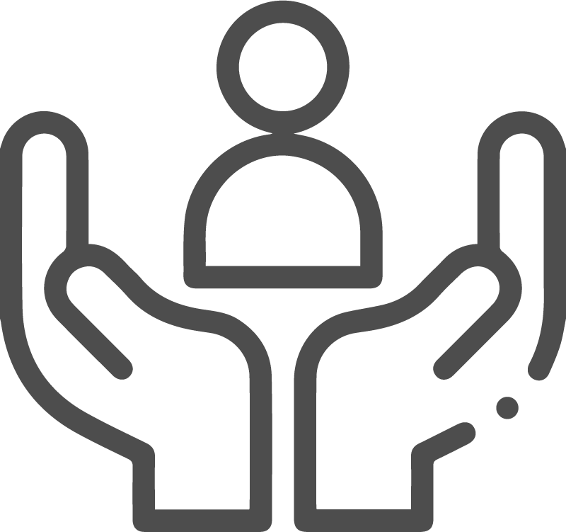Icon of two hands holding a person symbol in the center, representing care or support.