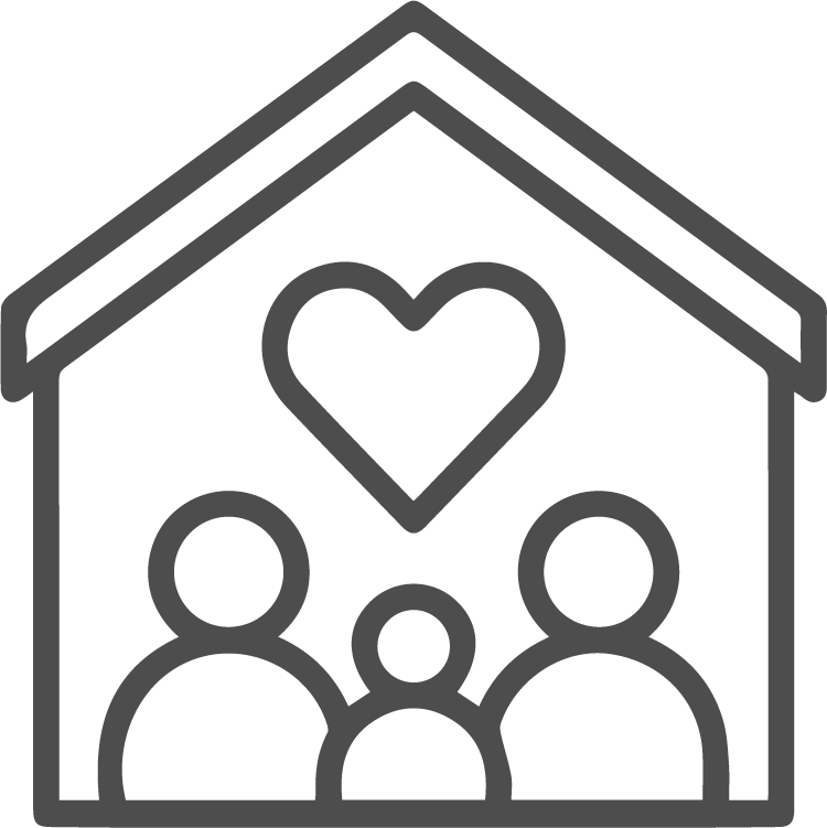 Line drawing of a house with three people and a heart inside.