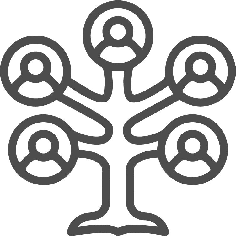 Outline of a tree with five human figures connected to various branches.