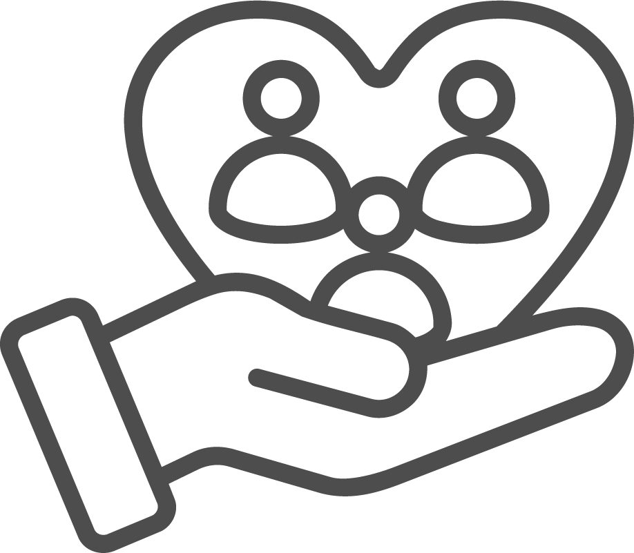 Outline icon of a hand holding a heart with a group of people inside the heart.