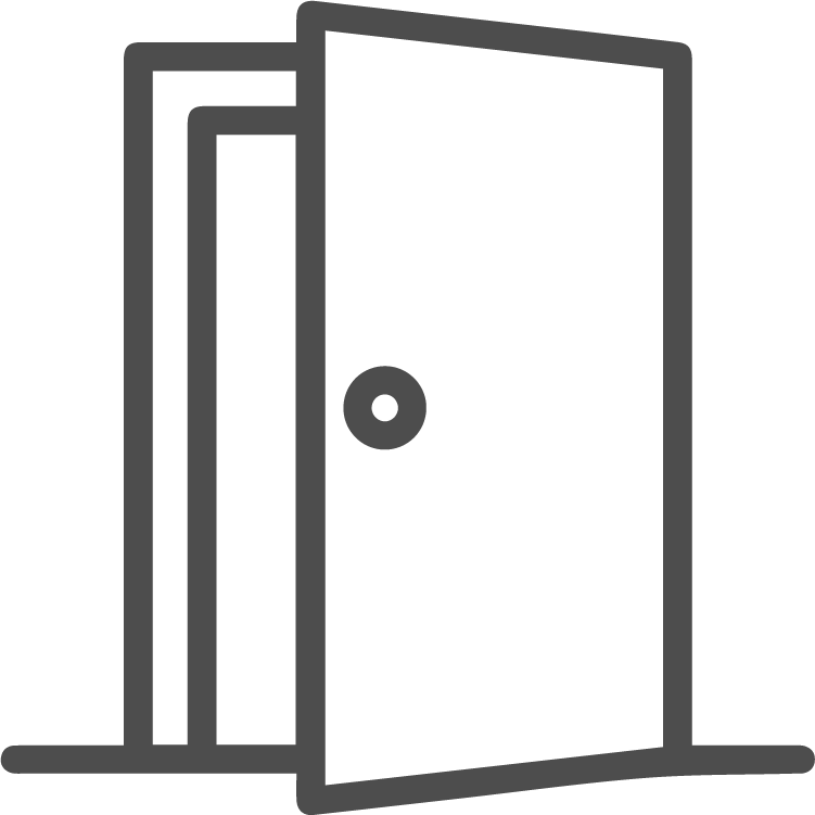 Black outline drawing of a slightly open door with a circular doorknob.