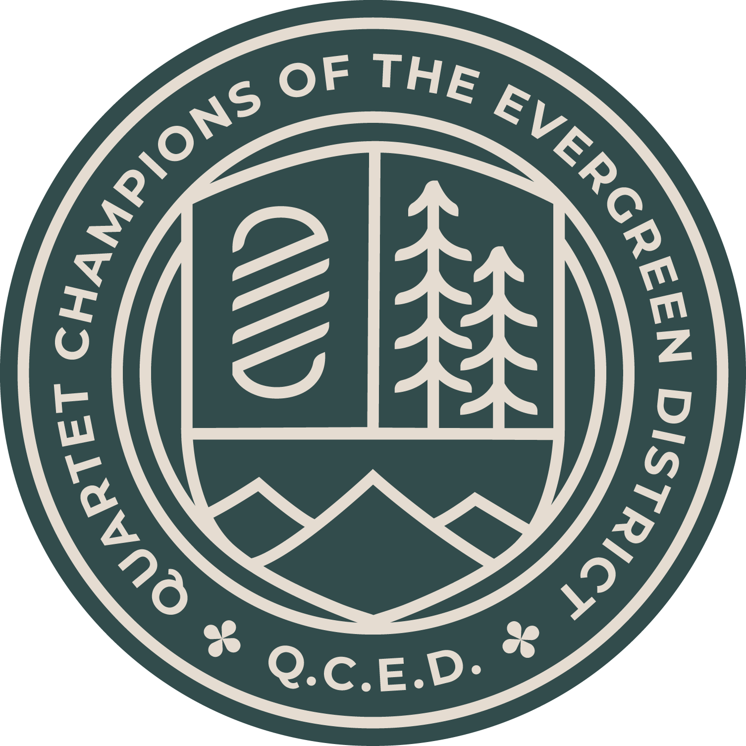 Logo of the Quinte County Educational District, featuring a DNA strand, pine trees, and mountains within a circular border.
