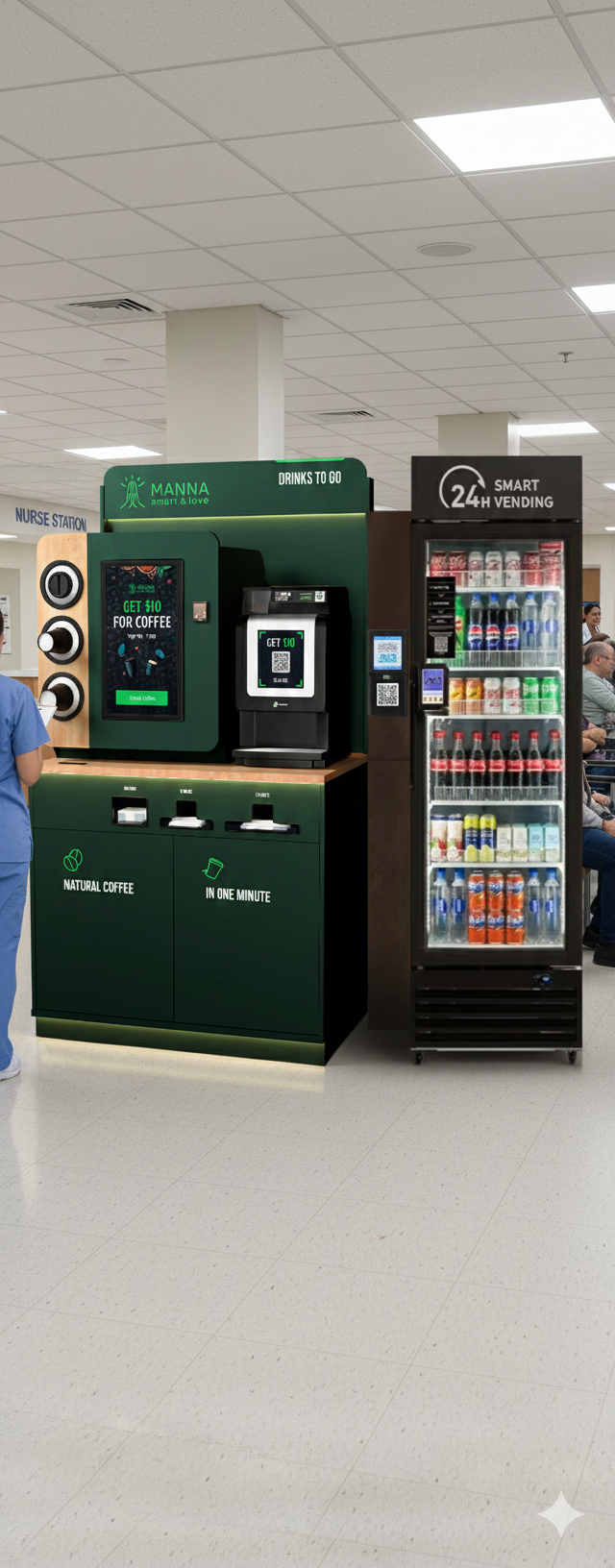 Self-serve coffee and beverage station in a hospital, featuring a coffee vending machine, a cold drink refrigerator, and a digital display promoting coffee deals.