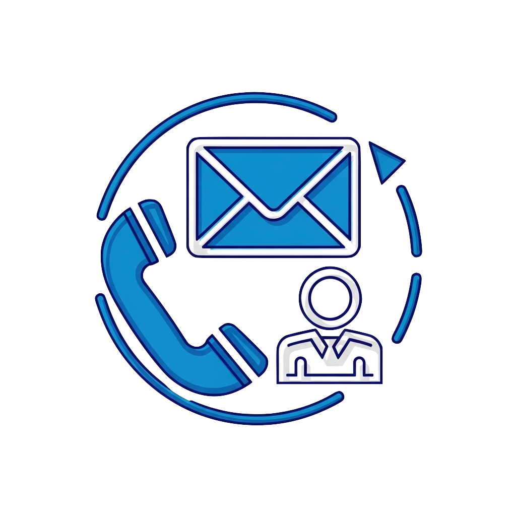 Neon icon of a blue telephone handset, an envelope, a user silhouette, and an arrow, representing customer support or communication.