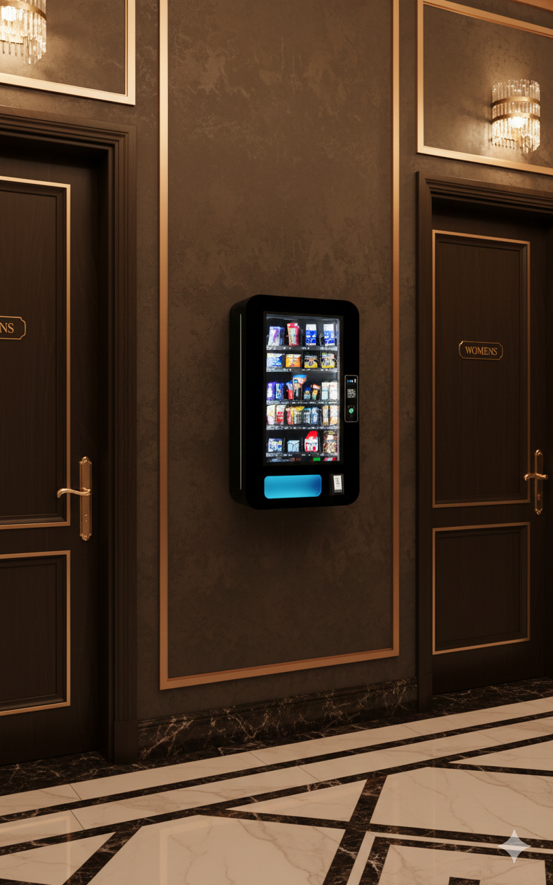 Vending machine between two bathroom doors labeled 'Womens' and 'Mens' inside a luxurious hallway with marble flooring and framed wall art.